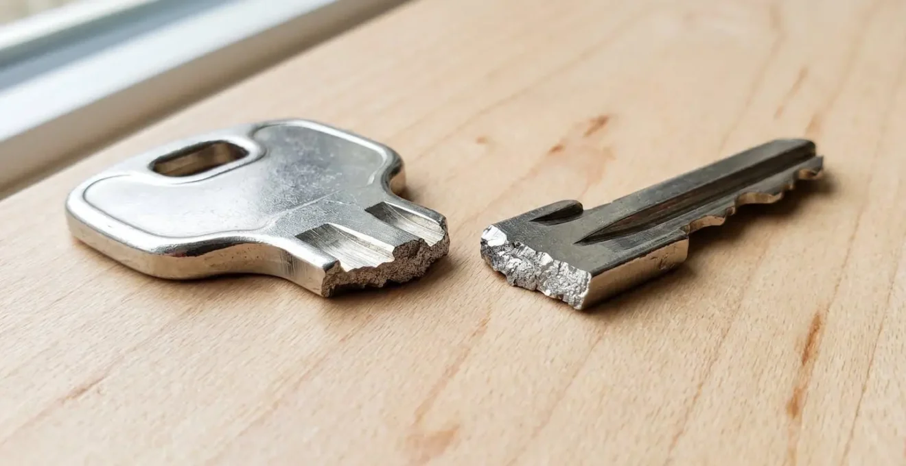 Gros plan extrême d'une clé contemporaine brisée en deux morceaux posée sur une surface en bois clair avec mise au point nette sur la cassure métallique