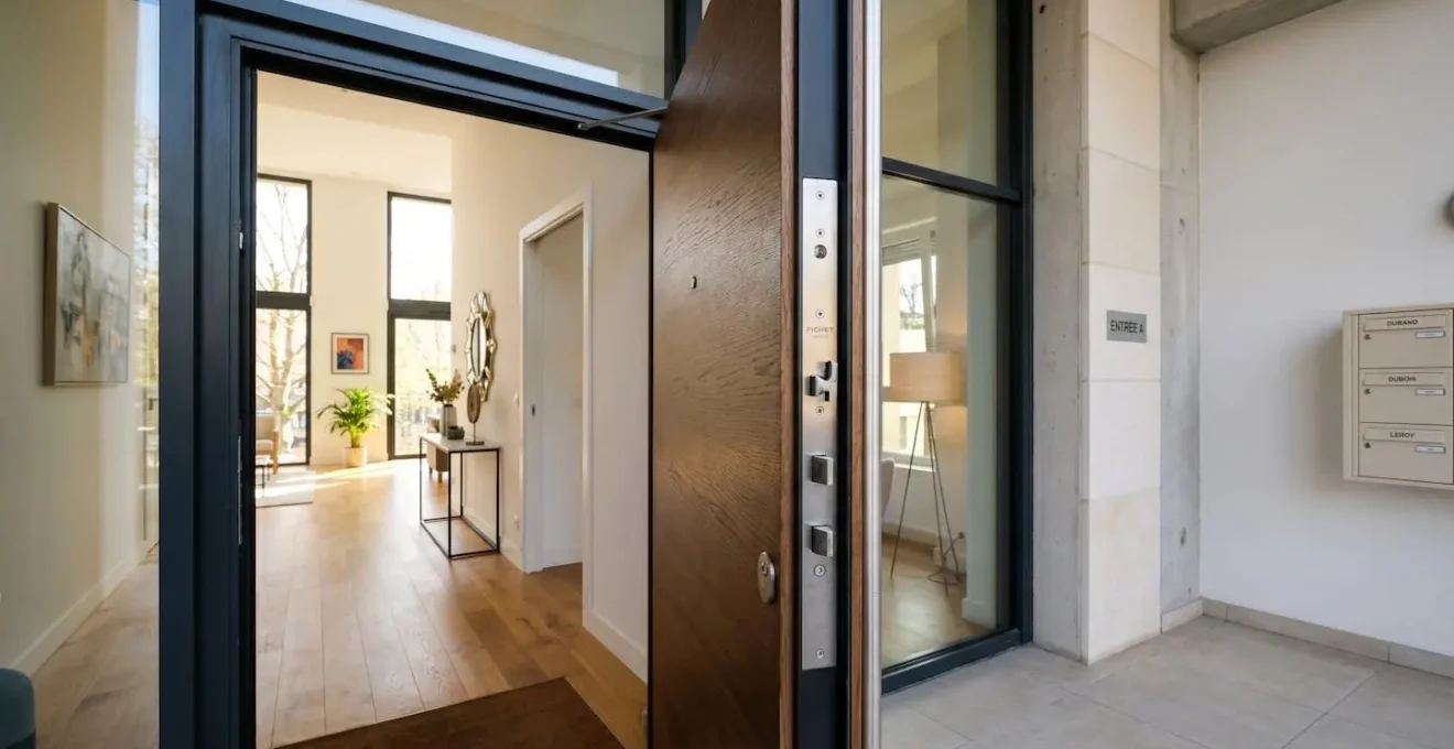Vue grand angle d'une porte d'entrée contemporaine légèrement entrouverte révélant l'intérieur lumineux d'un appartement moderne avec mise au point sur la serrure multipoints visible
