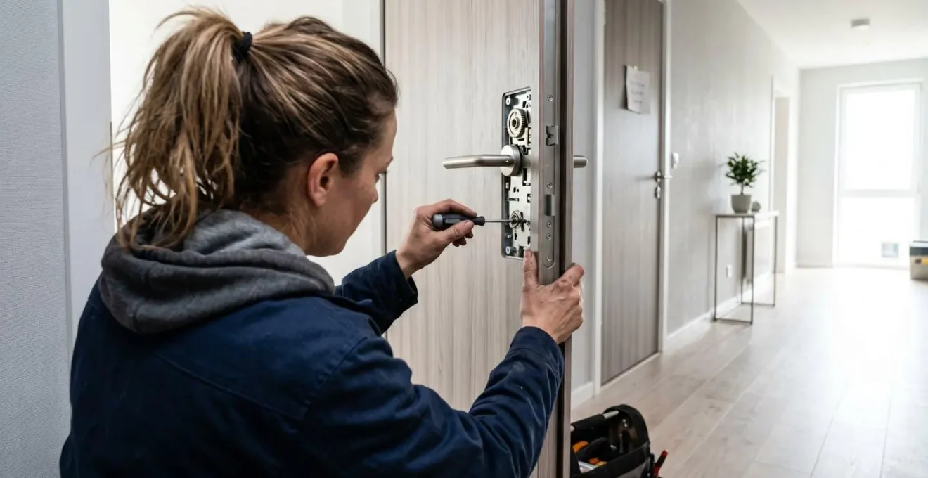 Un serrurier professionnel vu de dos manipule une serrure multipoints sur une porte d'entrée contemporaine dans un couloir d'immeuble lumineux