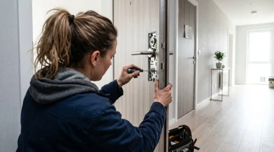 Un serrurier professionnel vu de dos manipule une serrure multipoints sur une porte d'entrée contemporaine dans un couloir d'immeuble lumineux